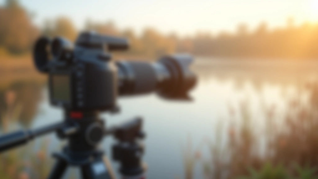 Profesionali paukščių fotografijos kamera su teleobiektyviu, prisisegtas prie stovo šalia ežero